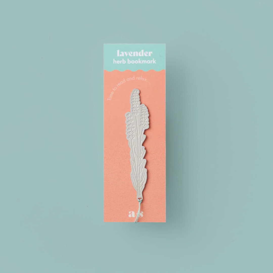 Silver coloured bookmark in the shape of a lavender plant, in a pink and blue packet. 
