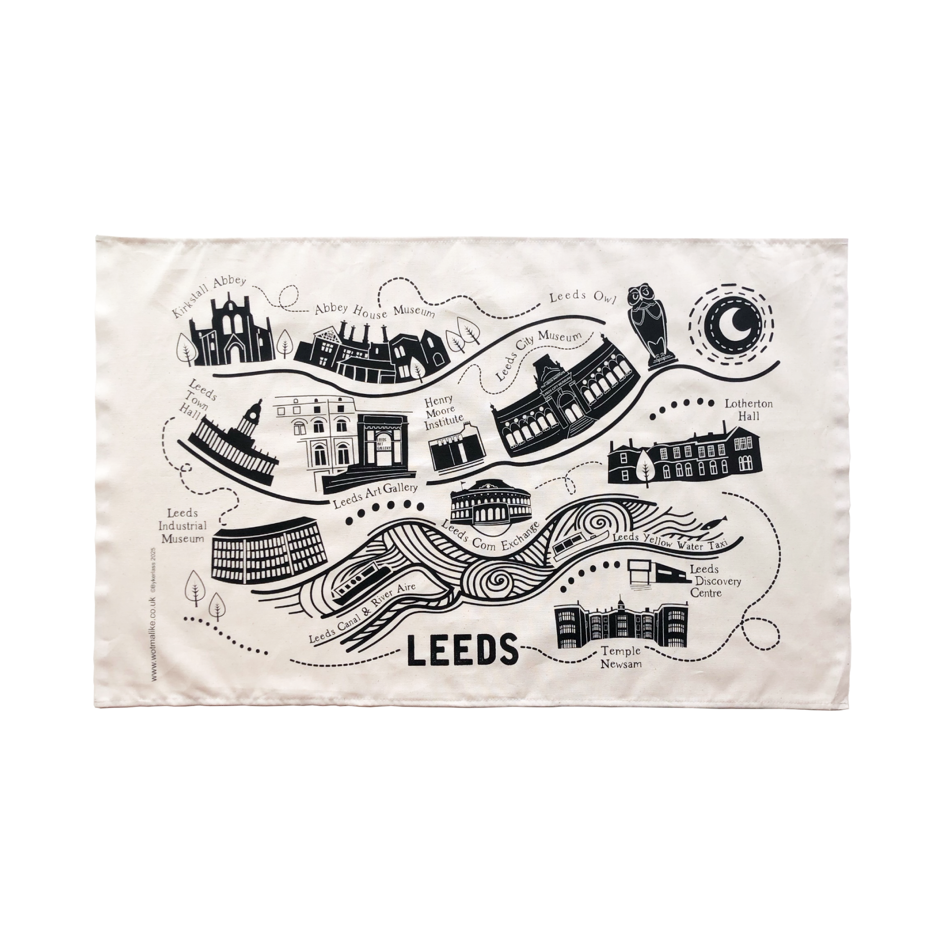 Tea towel with a map of Leeds featuring landmarks on a white background