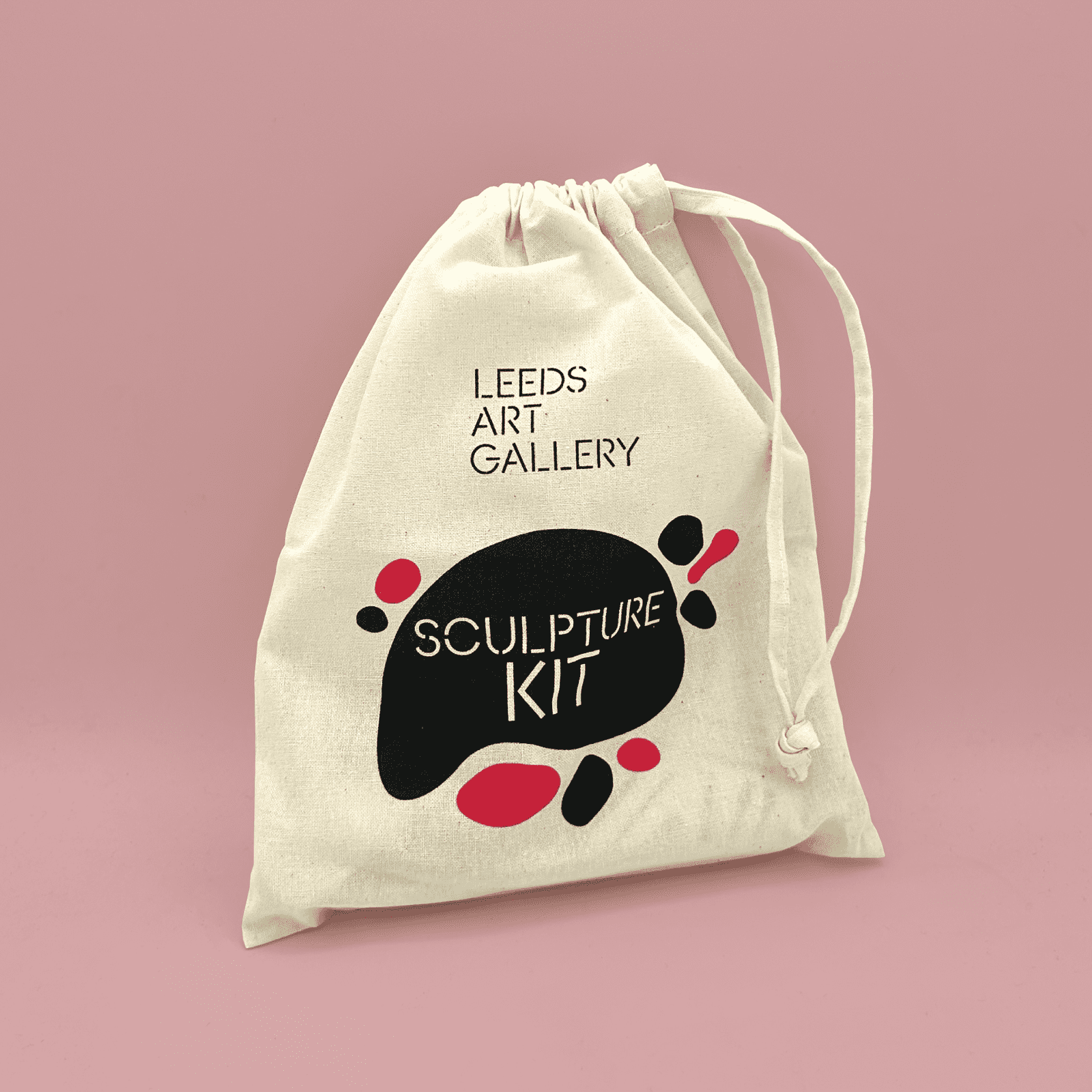 Leeds Art Gallery sculpture kit drawstring bag on a pink background