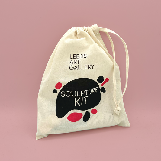 Leeds Art Gallery sculpture kit drawstring bag on a pink background