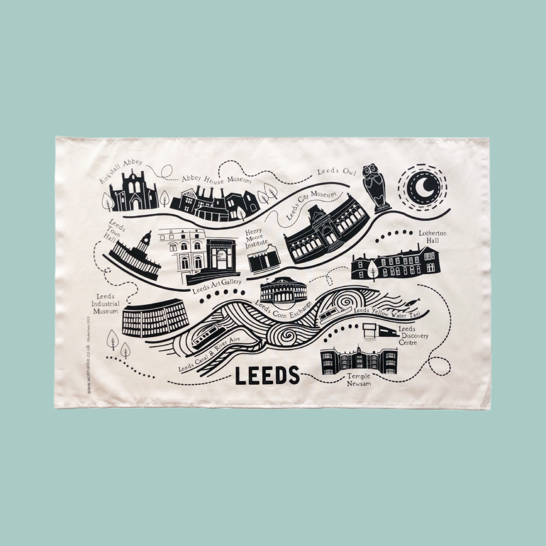 Tea towel with a map of Leeds featuring landmarks on a teal background. 