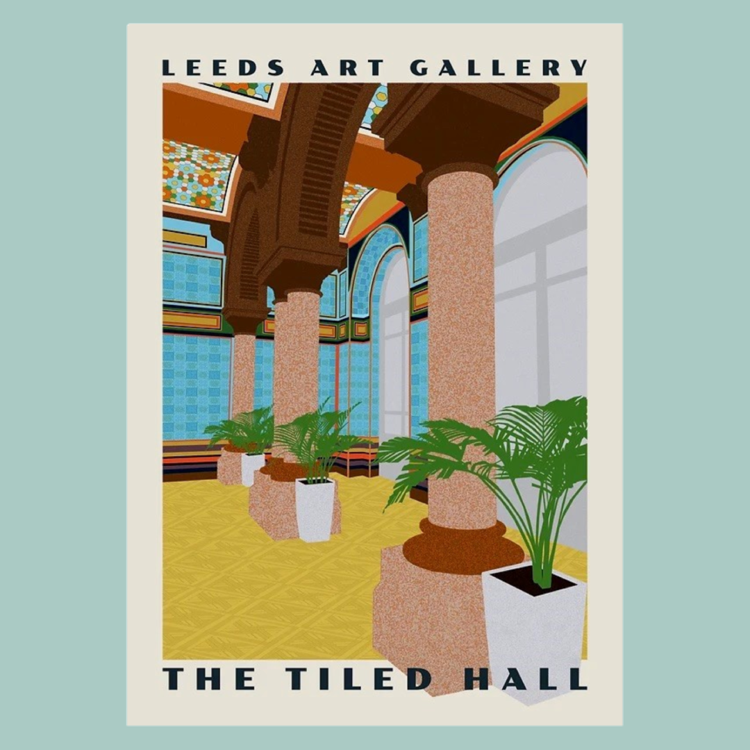 Illustration of The Tiled Hall at Leeds Art Gallery with plants and architectural details.
