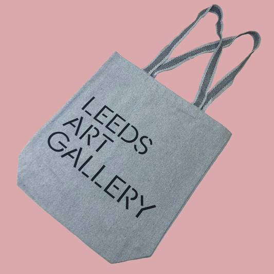 A gray cotton tote bag with 'LEEDS ART GALLERY' printed in black text on the front.