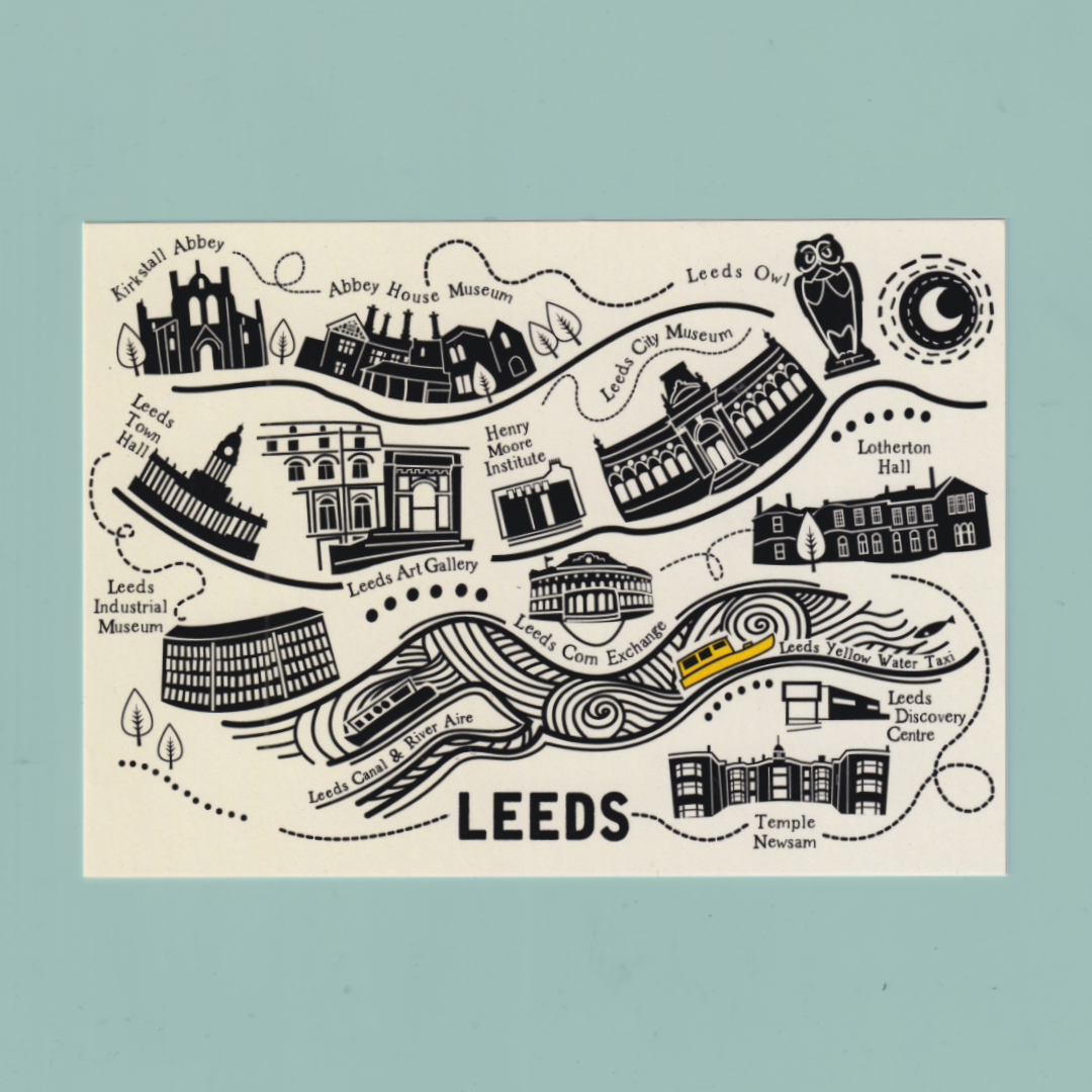 Postcard of an illustrated map of Leeds with landmarks on a light blue background