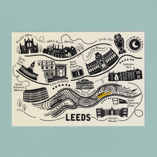 Postcard of an illustrated map of Leeds with landmarks on a light blue background