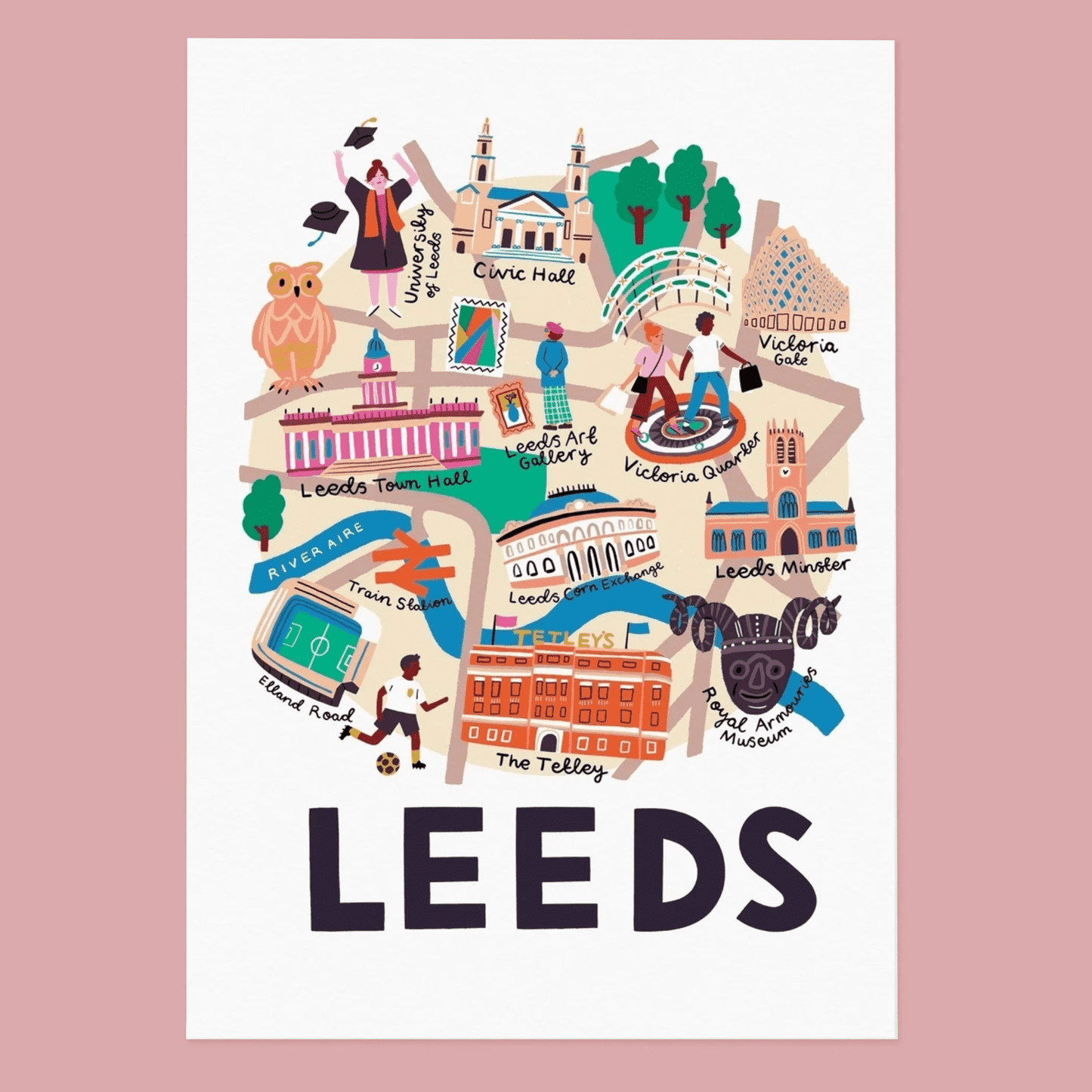 Illustrated map of Leeds with various landmarks on a pink background