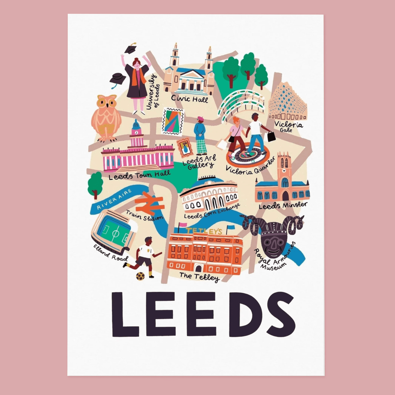 Illustrated map of Leeds with various landmarks on a pink background