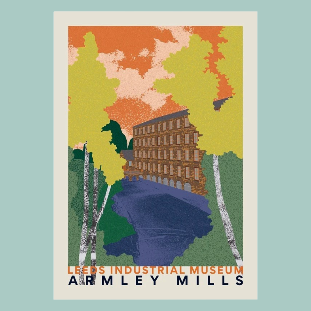 Illustration of Armley Mills Industrial Museum with trees and a building on a light blue background.