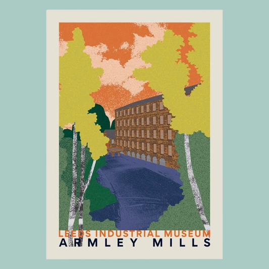 Illustration of Armley Mills Industrial Museum with trees and a building on a light blue background.