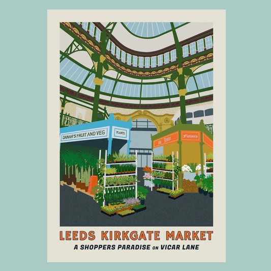Illustration of Leeds Kirkgate Market with text on a light blue background