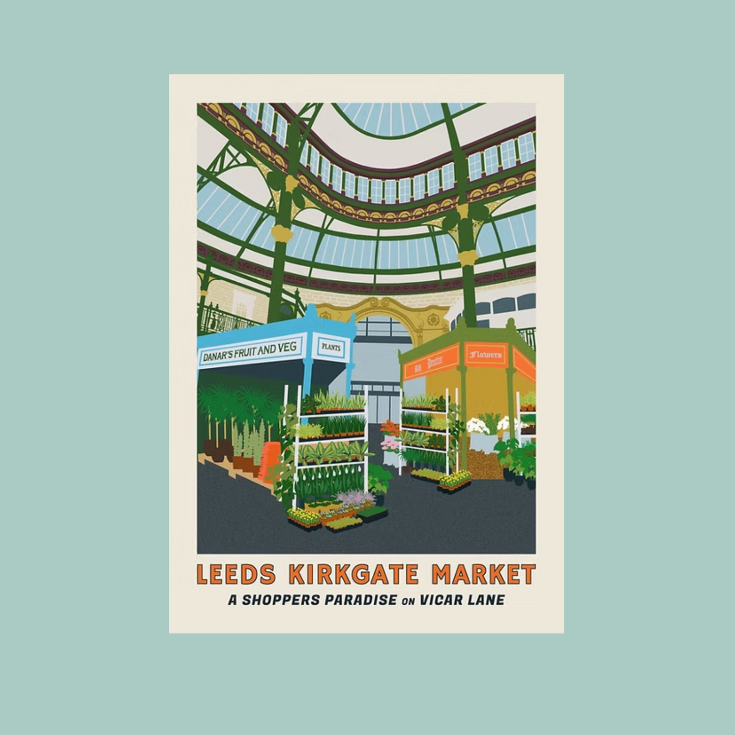 Illustration of Leeds Kirkgate Market with market stalls and a dome ceiling.