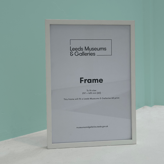 Leeds Museums & Galleries frame with white border on a light blue background.