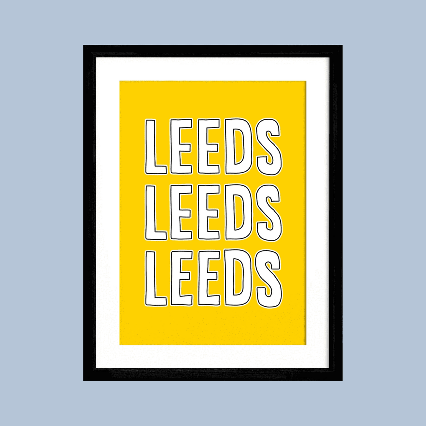 Framed poster with 'LEEDS' text on a yellow background