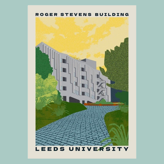 Illustration of the Roger Stevens Building at Leeds University with a pathway and trees.