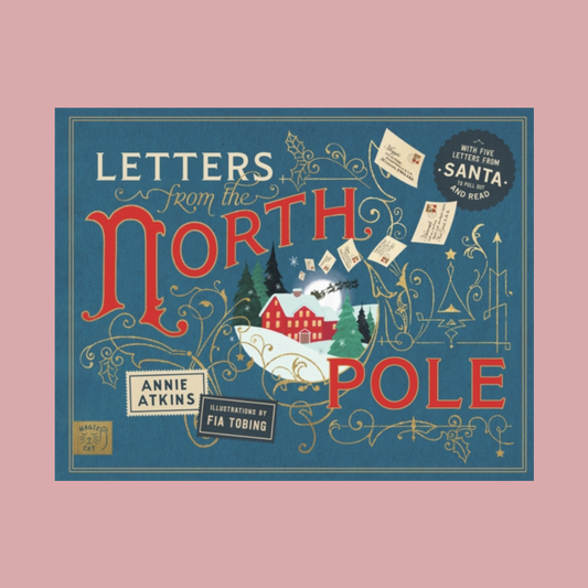 The front cover of the children's book 'Letters from the North Pole' by Annie Atkins, featuring a vintage-style teal blue illustration with red lettering, a red house, snowy trees, and floating letters, shown against a solid pink background.