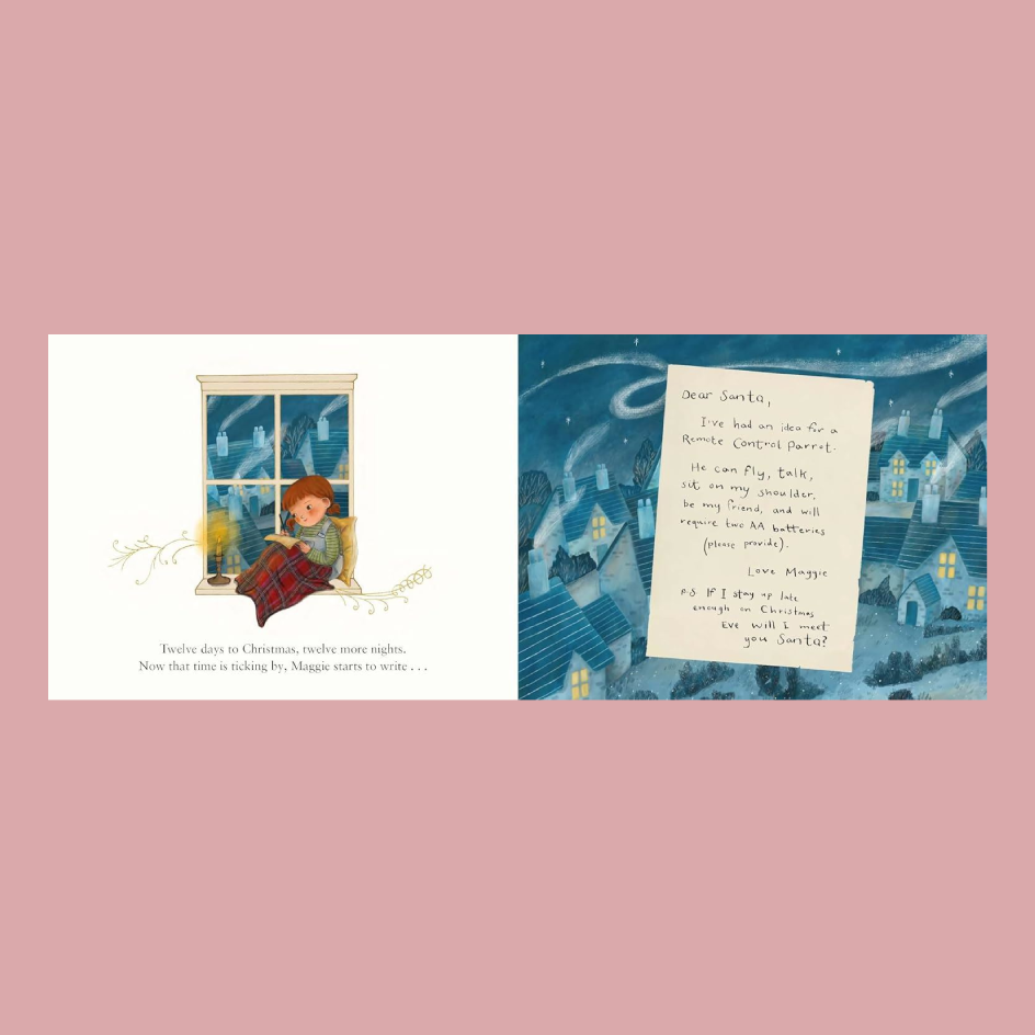 A rectangle collage-style product image on a dusty pink background showing two halves of a printed card or booklet. The left half has a white background with a small illustrated girl sitting by a window in autumn colors.