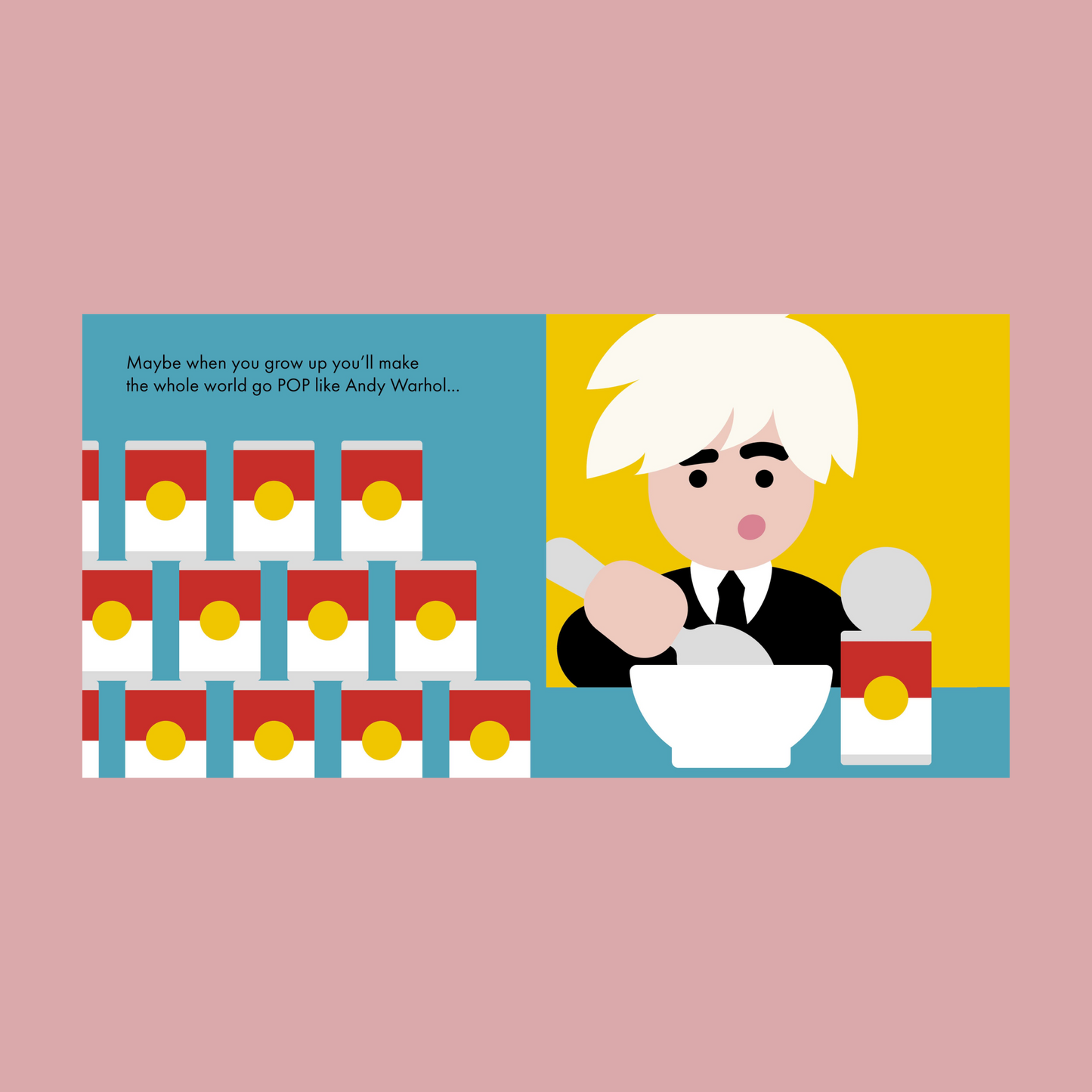 Illustration of a person with white hair in a black suit, mixing paint, with colorful background and text.