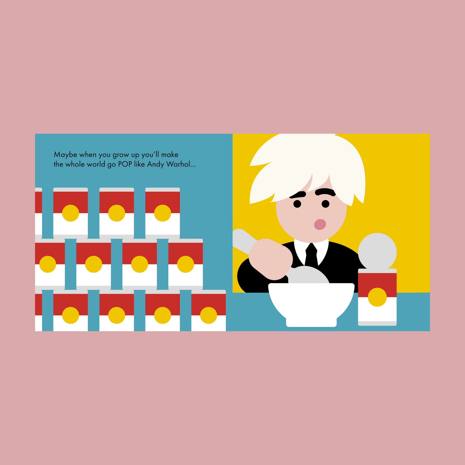 Illustration of a person with white hair in a black suit, mixing paint, with colorful background and text.