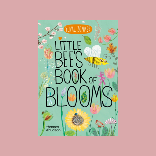 Book cover of 'Little Bee's Book of Blooms' with illustrations of bees and flowers on a light green background.