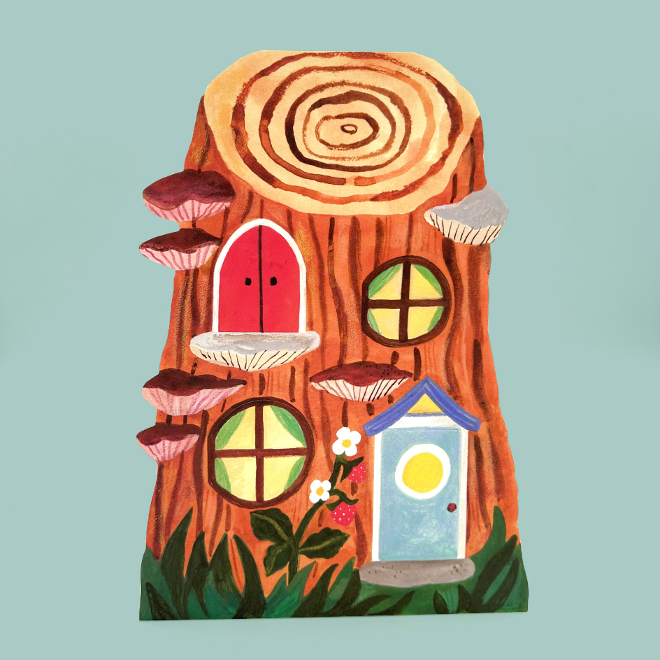 A greetings card of a wooden fairy treehouse with a cut tree stump body, featuring a red arched door, a blue door with a yellow sun window, mushroom windows, and mushrooms growing from the sides, set against a solid light blue background.