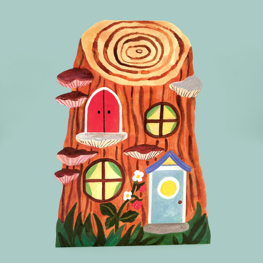 A greetings card of a wooden fairy treehouse with a cut tree stump body, featuring a red arched door, a blue door with a yellow sun window, mushroom windows, and mushrooms growing from the sides, set against a solid light blue background.