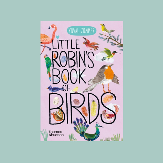 Book cover of 'Little Robin's Book of Birds' with illustrations of birds on a pink background