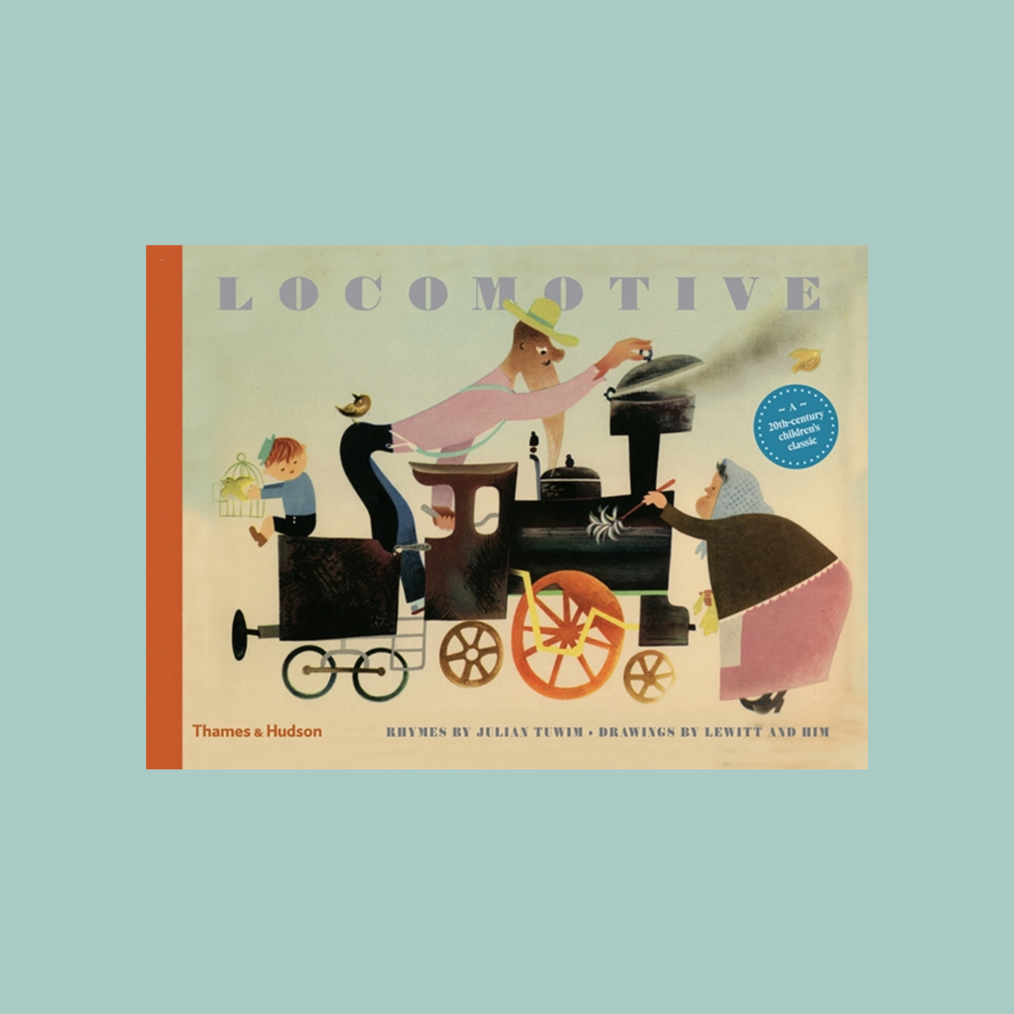 Book cover of 'Locomotive' with illustrations of a train and people on a light blue background