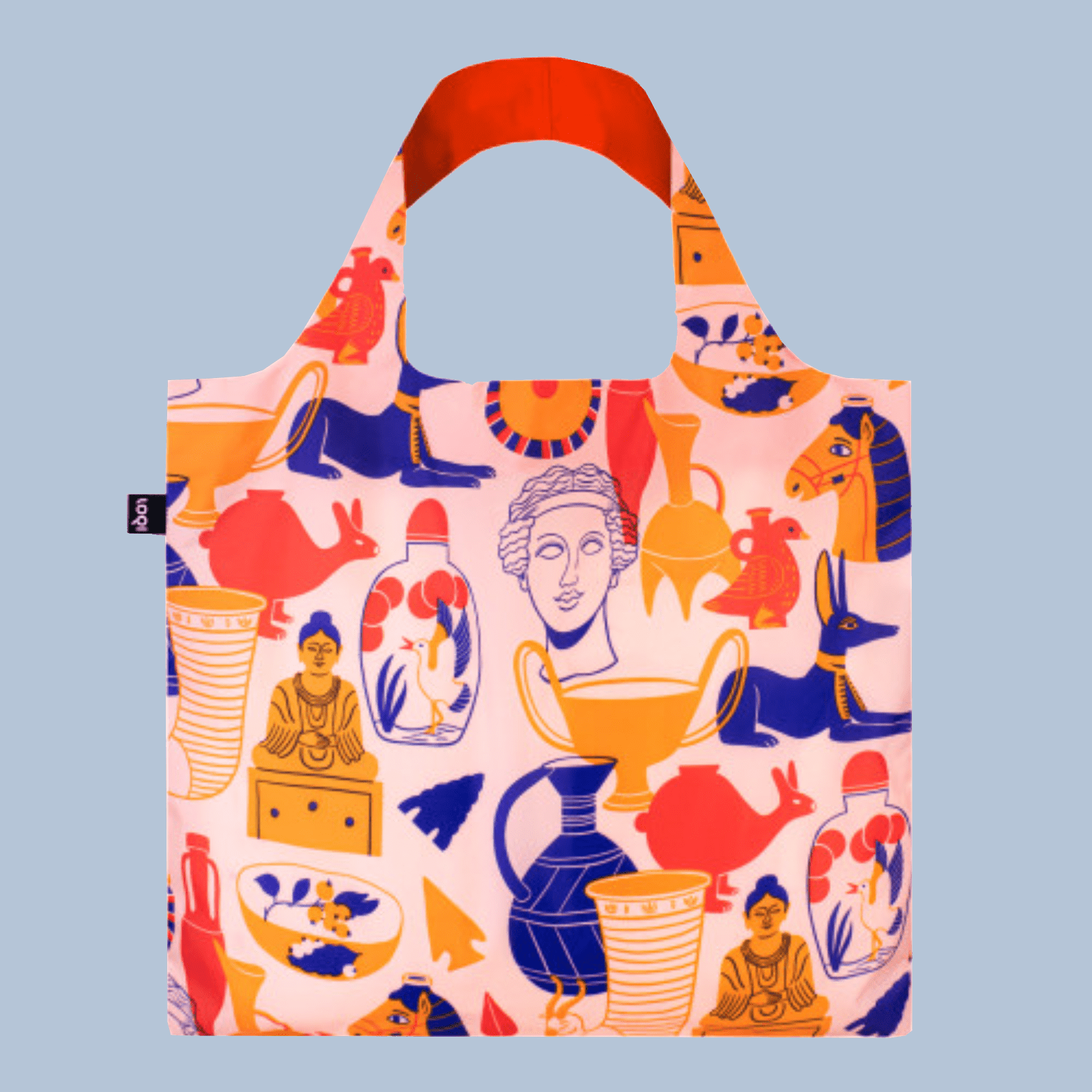Reusable shopping bag with ancient Greek-themed design on a light blue background