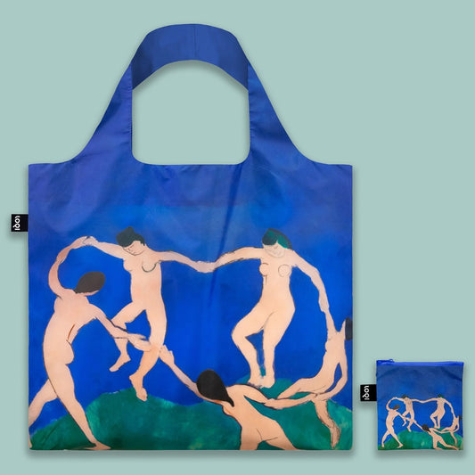 A square blue shopping bag with a  painting of nude figures holding hands in a circle, on a plain background. 