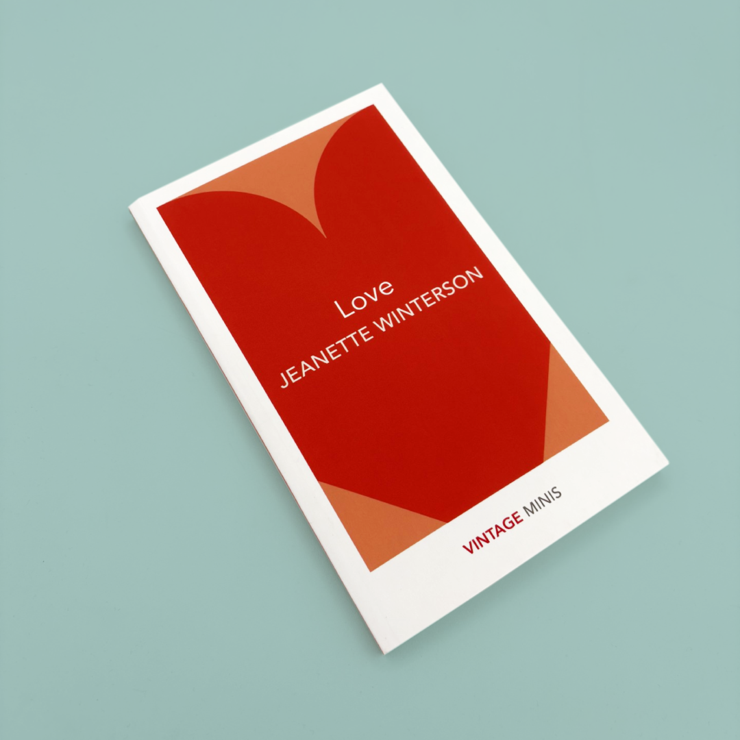 Book cover of 'Love' by Jeanette Winterson on a blue background.