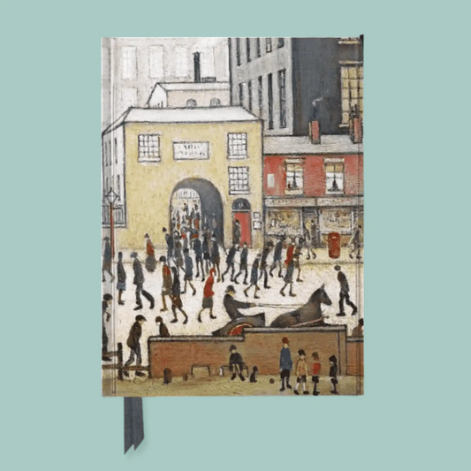 A notebook with a vintage-style illustration of a bustling street scene featuring people, horses, and buildings. The notebook has a dark gray ribbon bookmark hanging from the bottom edge and is displayed against a solid light teal background.
