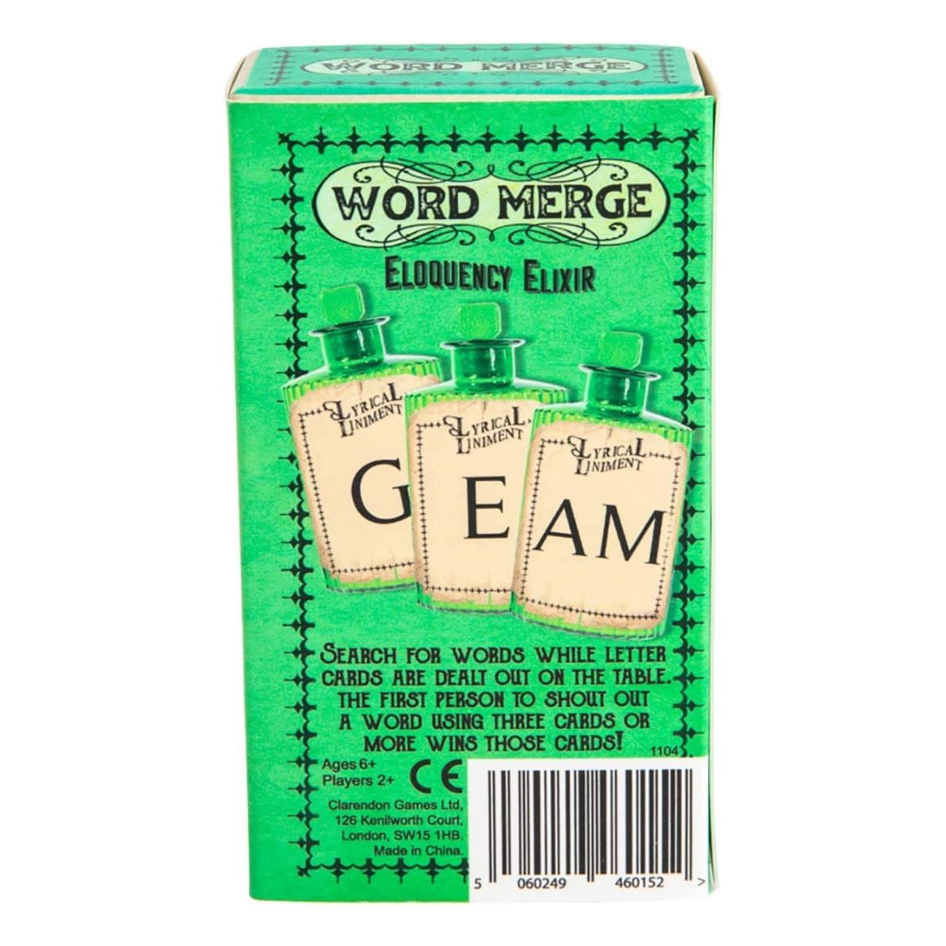 Image of Lyrical Liniment card game in a green box with a Victorian illustration of three apothecary bottles. Image is on a white background