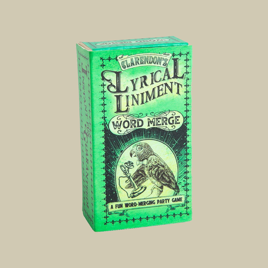 Image of Lyrical Liniment card game in a green box with a Victorian illustration of an owl. Image is on a beige background