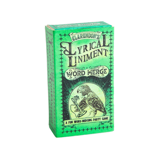 Image of Lyrical Liniment card game in a green box with a Victorian illustration of an owl. Image is on a white background