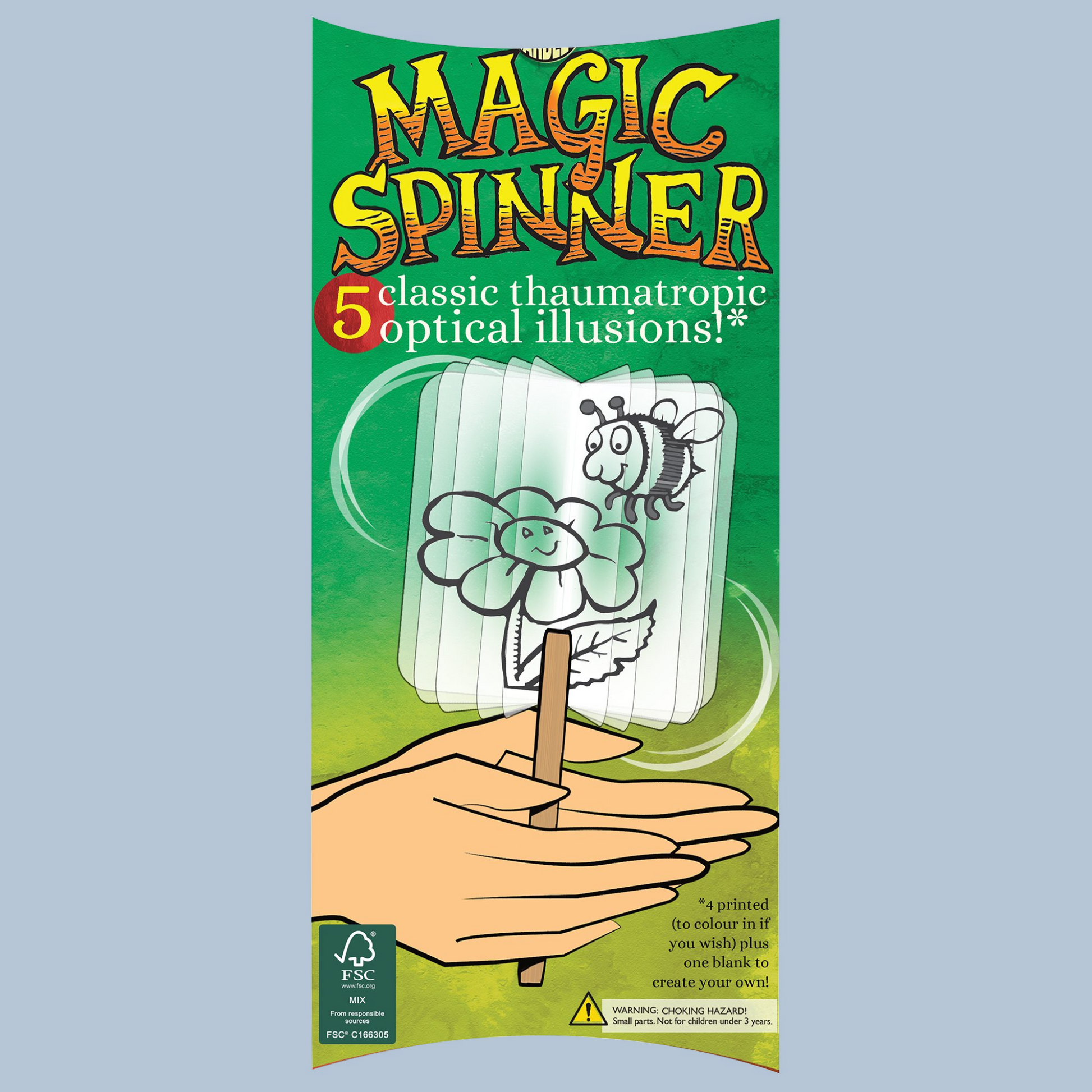 Packaging of a Magic Spinner toy with a green background and illustration of a hand holding it.