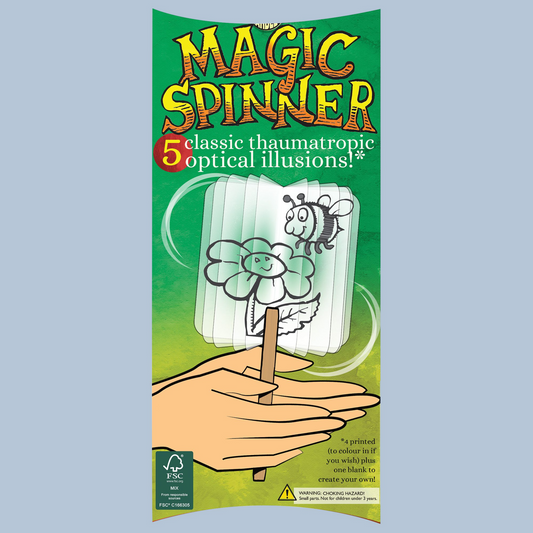 Packaging of a Magic Spinner toy with a green background and illustration of a hand holding it.