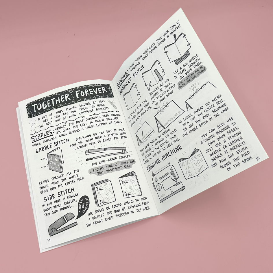 An open instructional booklet with hand-drawn bookbinding diagrams on two pages, photographed against a solid pink background.
