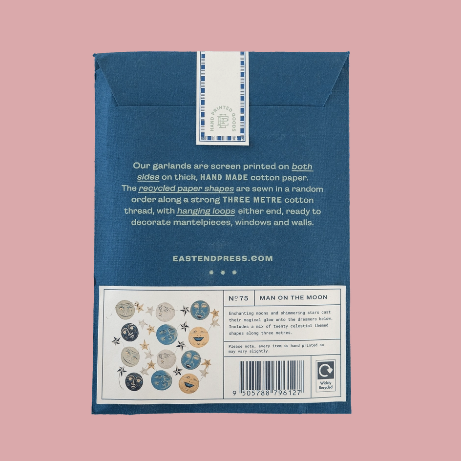 The back of a blue envelope-style package for East End Press garlands, printed with product information, a sample of star-shaped buttons, and a barcode on a solid pink background.