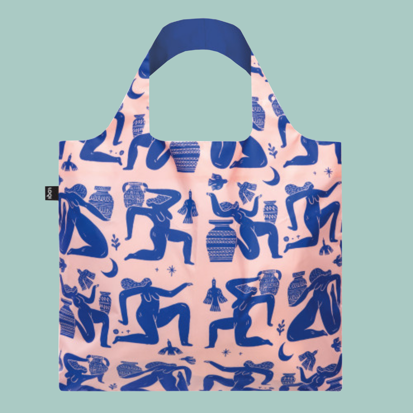 Tote bag with blue and pink design on a light blue background