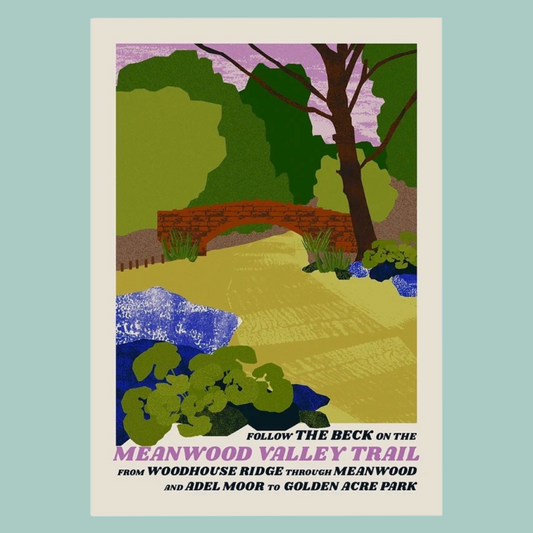 Illustration of a park scene with text about the Meanwood Valley Trail on a light blue background.