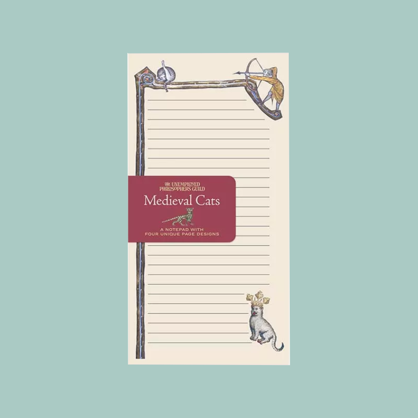 A lined notepad with a medieval theme, featuring an illustration of a bow and arrow and a cat, with a dark red label reading 'Medieval Cats'.