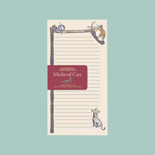 A lined notepad with a medieval theme, featuring an illustration of a bow and arrow and a cat, with a dark red label reading 'Medieval Cats'.