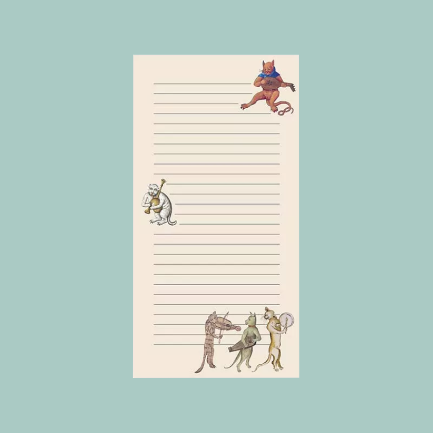 A vertical lined notepad with whimsical animal illustrations around the border, shown centered on a muted blue-green background.