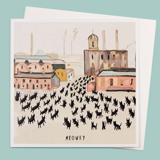 Greetings card of a painting of black cats walking towards a building in an industrial scene, on a teal background.