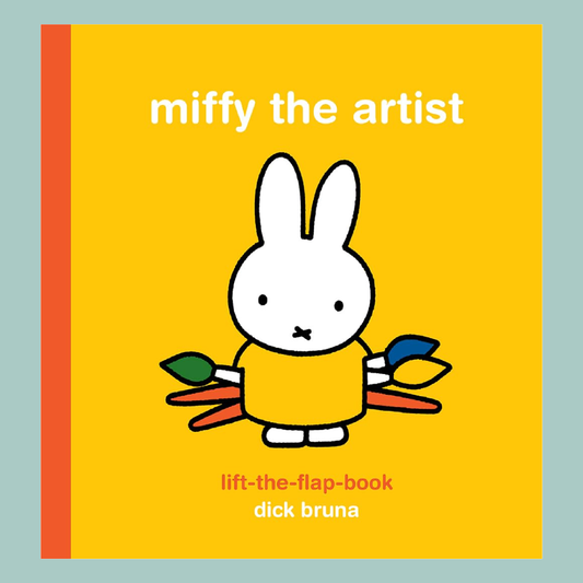 Book cover of 'Miffy the artist' with a cartoon rabbit character on a yellow background.