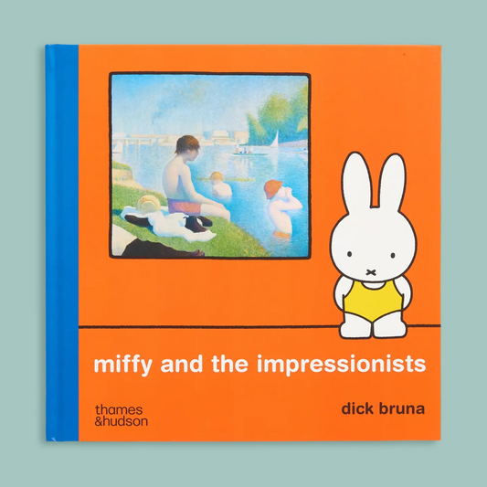 Book cover of 'miffy and the impressionists' by Dick Bruna with a rabbit character and painting illustration.