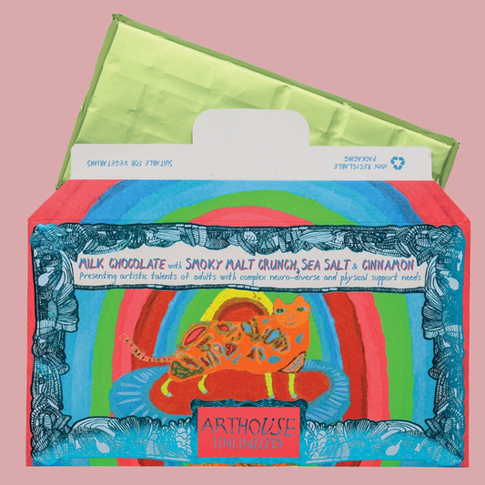 A colourful product box for Arthouse Chocolate, featuring a whimsical illustration of a cat on a rainbow with the flavor text 'Milk Chocolate with Spooky Malt Crunch, Sea Salt & Cinnamon.' A green inner wrapper is visible behind the box against a solid pink background.