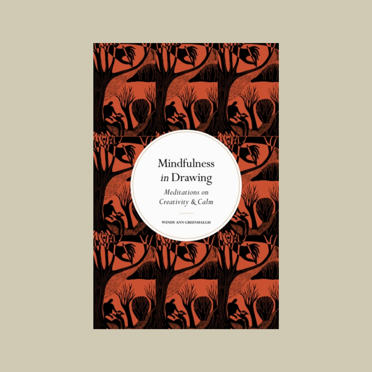 Book cover of 'Mindfulness in Drawing' with red and black tree design on beige background