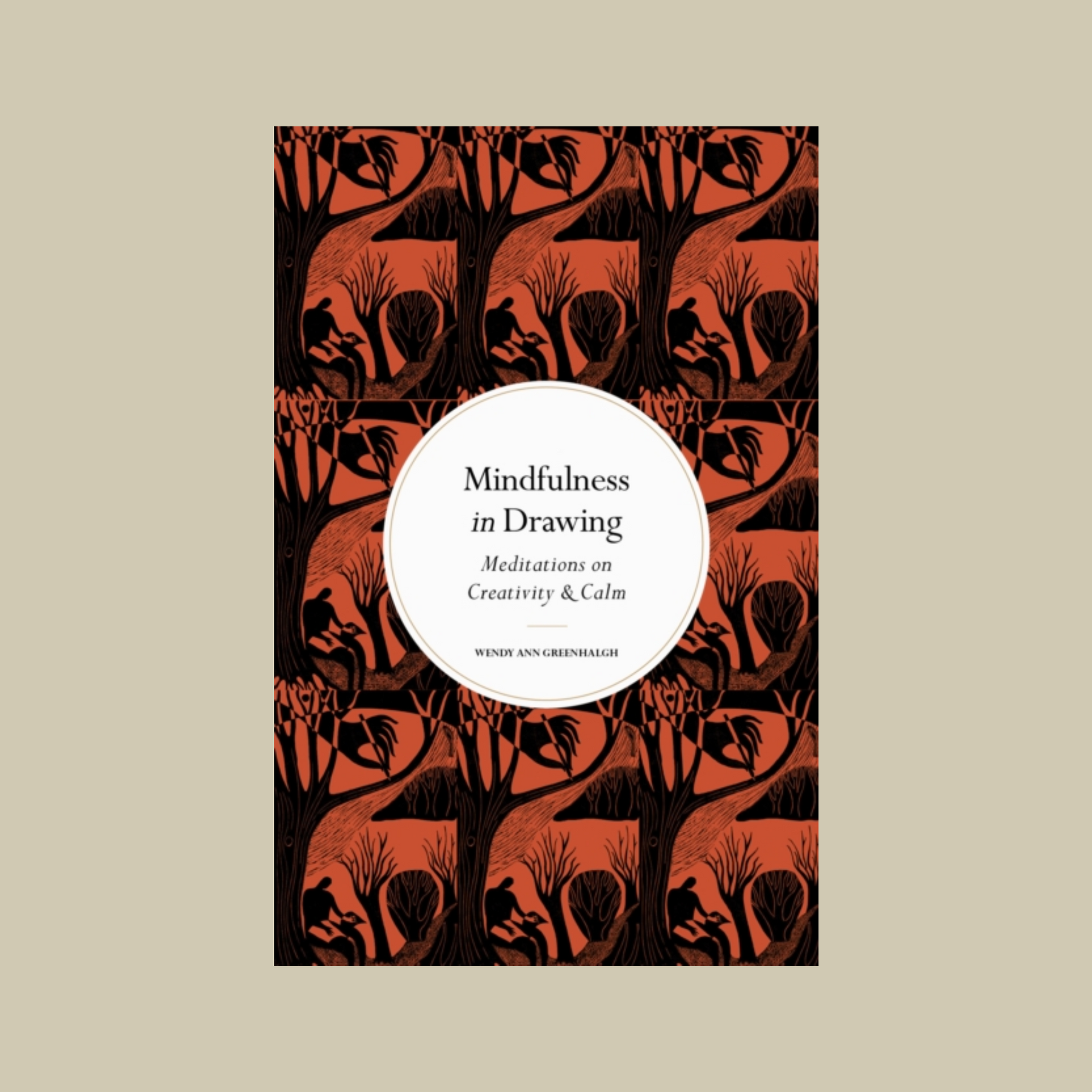 Book cover of 'Mindfulness in Drawing' with red and black tree design on beige background