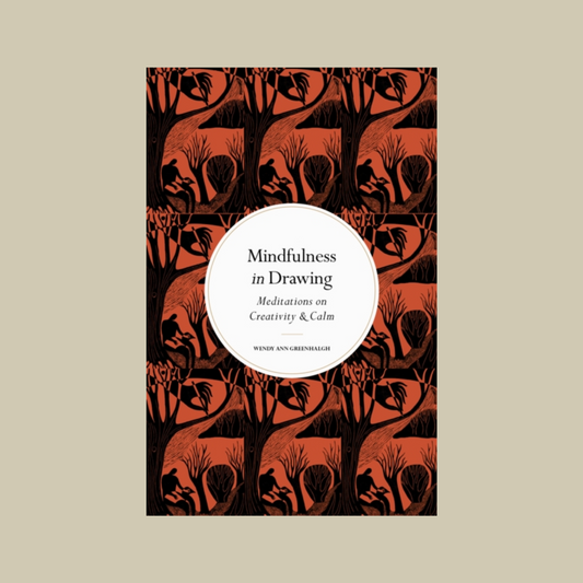 Book cover of 'Mindfulness in Drawing' with red and black tree design on beige background